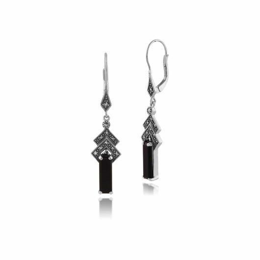 Art Deco Style Rectangle Black Onyx & Marcasite Drop Earrings in Silver