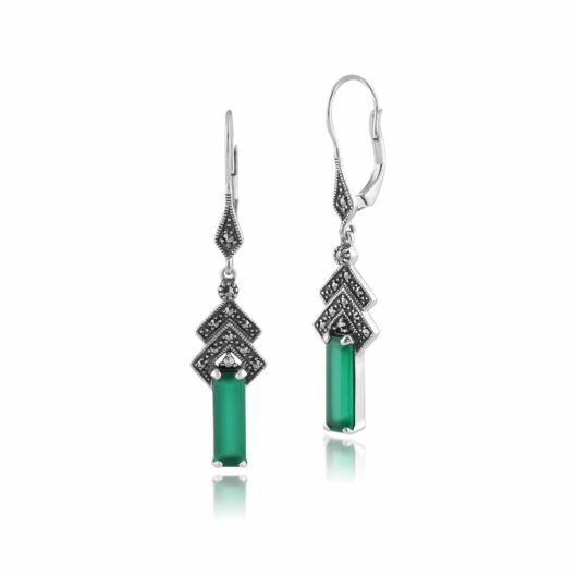 Art Deco Style Rectangle Green Chalcedony & Marcasite Drop Earrings in Silver