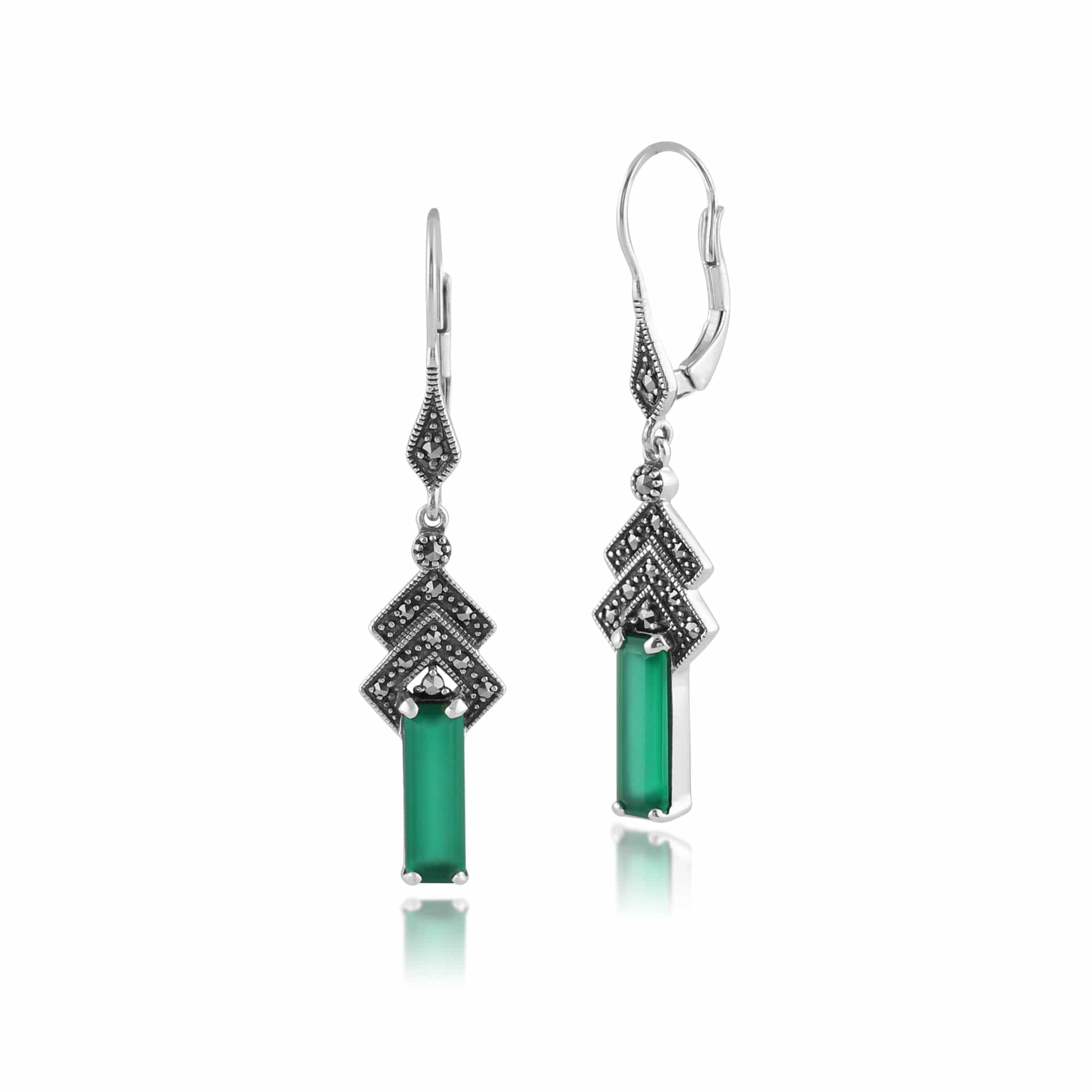 Art Deco Style Rectangle Green Chalcedony & Marcasite Drop Earrings in Silver