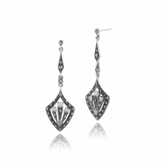 Art Deco Style Round Opal Cabochon & Marcasite Drop Earrings in Silver