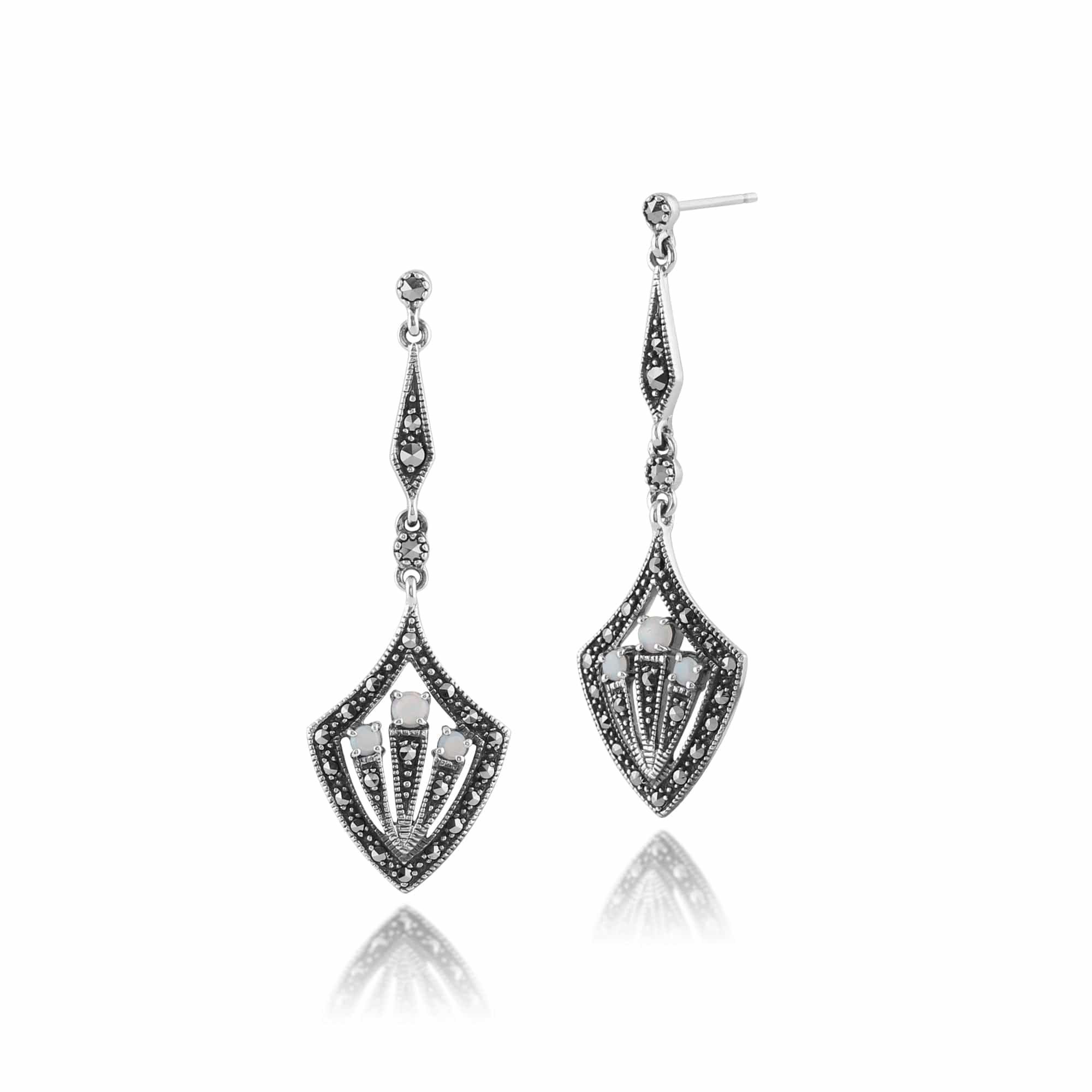 Art Deco Style Round Opal Cabochon & Marcasite Drop Earrings in Silver