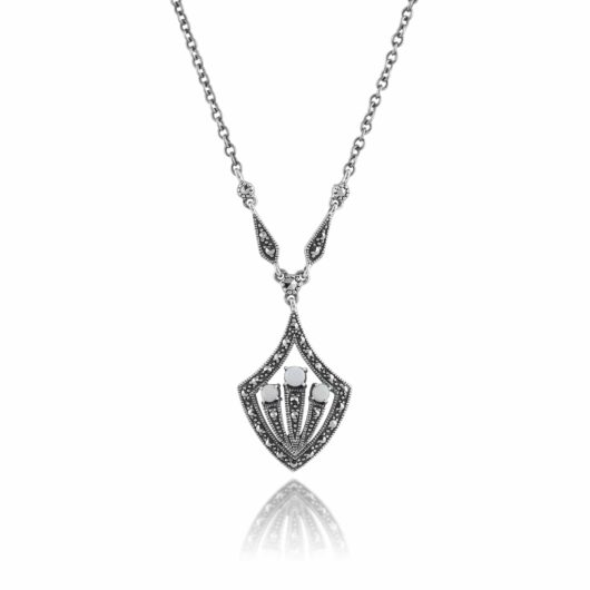 Art Deco Style Round Opal Cabochon & Marcasite Necklace in Silver