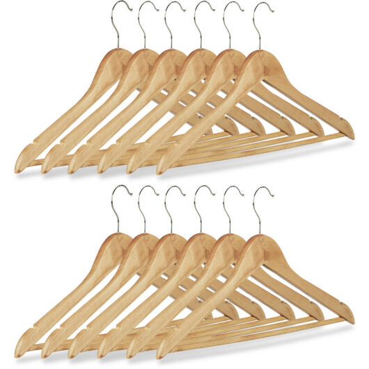 Coat Hanger Set of 12, Wooden Trouser Hangers, with Swivel Hooks h x w: 22.5 x 44.5 cm, Natural,/Silver - Relaxdays