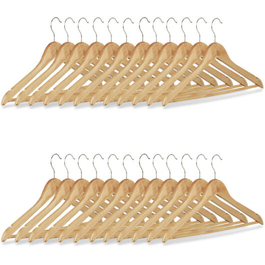 Coat Hanger Set of 24, Wooden Trouser Hangers, with Swivel Hooks h x w: 22.5 x 44.5 cm, Natural,/Silver - Relaxdays