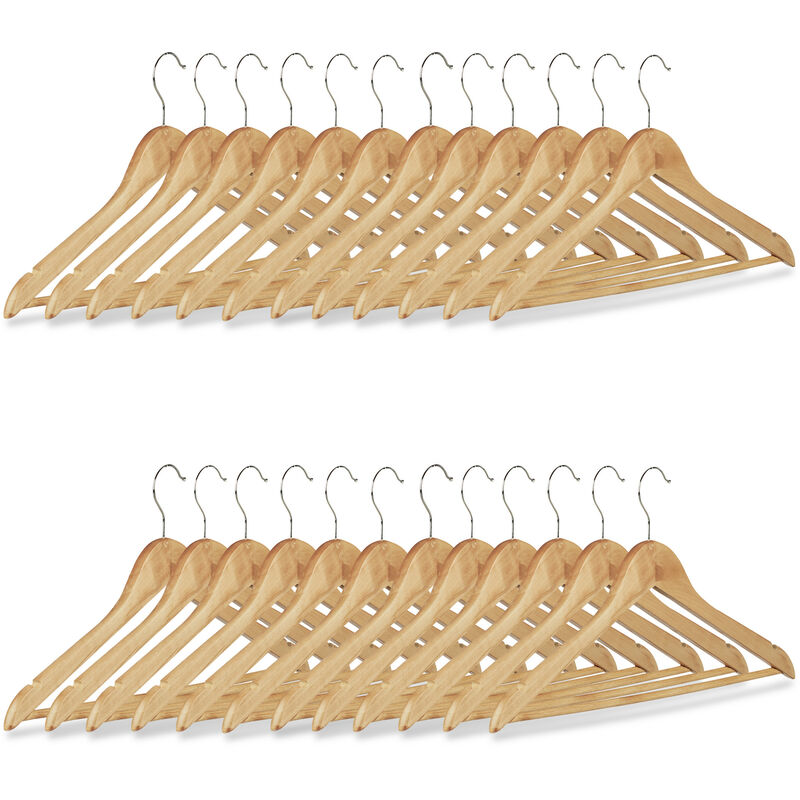 Coat Hanger Set of 24, Wooden Trouser Hangers, with Swivel Hooks h x w: 22.5 x 44.5 cm, Natural,/Silver - Relaxdays