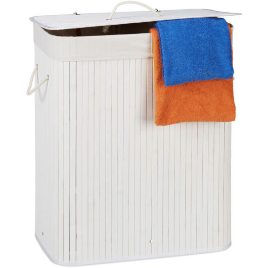 Lidded Bamboo Laundry Hamper, 100 l, Clothes Container, 2 Compartments, Folding, Rectangular Basket, Bathroom, White - Relaxdays