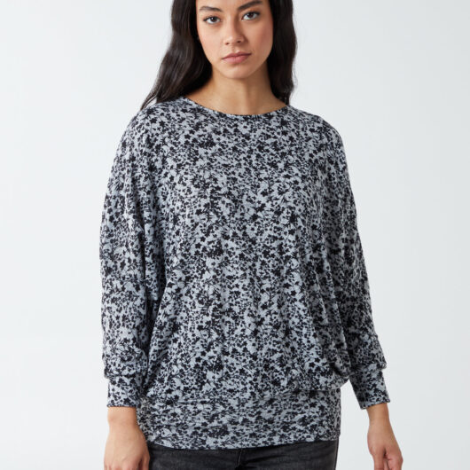Mini Floral Print Deep Hem Batwing Top - L / BLACK/GREY
