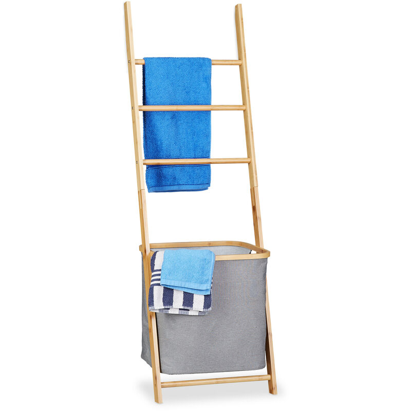 Relaxdays - Bamboo Towel Rack with Basket, Wooden Laundry Hamper, hwd: 139x43.5x33cm, Natural