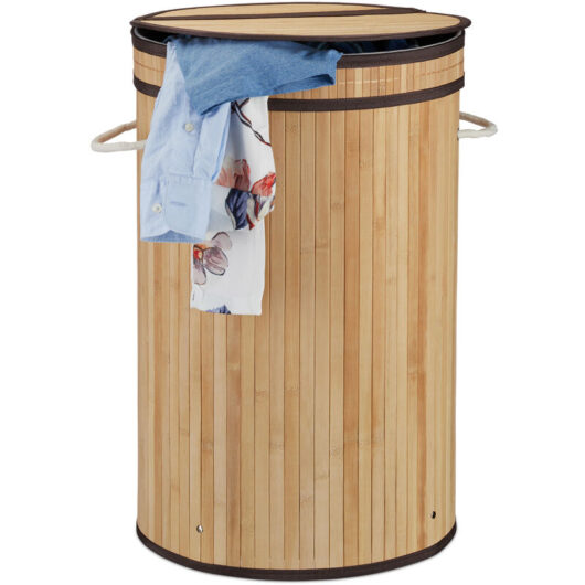 Relaxdays - Lidded Laundry Hamper, Round Clothes Sorter, 65 Litres, xxl Stand, Natural