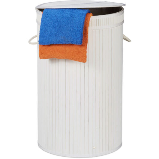 Relaxdays - Lidded Laundry Hamper, Round Clothes Sorter, 65 Litres, xxl Stand, White