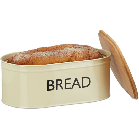 Retro xl Bread Box with Bamboo Lid, Round Bread Bin with bread Print, hwd: 14 x 36 x 20 cm, Beige/Natural - Relaxdays