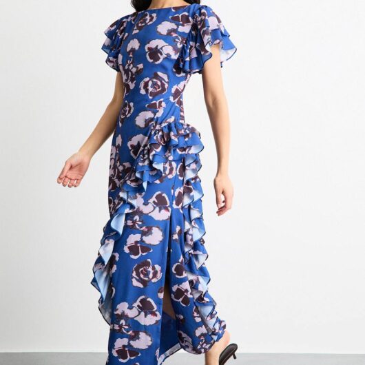 Warehouse Women's Side Split Ruffle Detail Maxi Dress in Floral | Size: 14